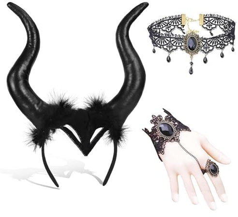 Dryxog 3 Pezzi Corna Diavolo Halloween Fascia Corno Demone Costume Donna Regina Nere Copricapo con Collana Pizzo Corna Diavolo Gotico Antilope per Carnevale Cosplay Halloween