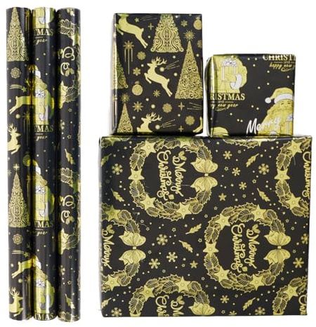 Christmas Wrapping Paper Roll,3 Rolls 43cm x 3m Xmas Gift Wrapping Paper,Metallic Gift Wrap paper with Snowflake Xmas Tree Pattens for Christmas,Party,Festive Decorations (Black Gold)