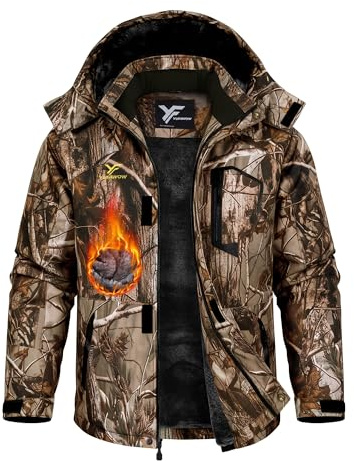 Yufawow Men Winter Jacket Huting Coat Waterproof Windbreaker Heavy Heat Warm Thermal Clothes Duck Deer Camo Hoodie Outfit Tactical Accessories Military Essentials Army Apparel Unique Gift