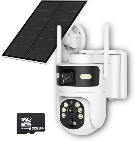 HLMNAKE 2.4G WIFI Outdoor Security Camera Solar, 4MP Dual Camera, Colour Night Vision, PIR Person Tracking, App Notification ＆ Two-Way Audio