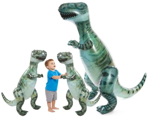 Giant Inflatable Dinosaurs - 1x 6ft/180cm Tall T-Rex and 2x 3ft/90cm Tall Green Blow-Up Dinosaurs - Fun Event Prop Outdoor Inflatable Display Kids Jurassic Birthday Party Decoration