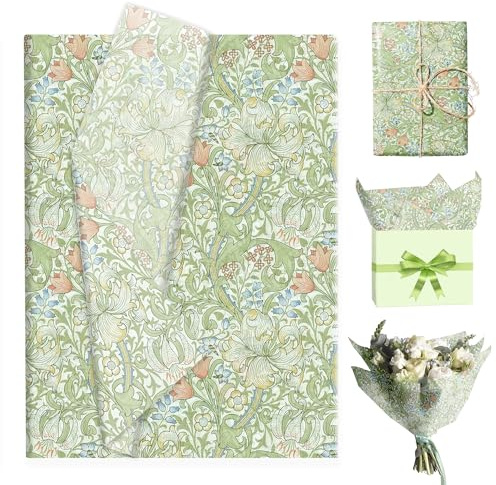 100 Blatt Vintage Seidenpapier Verpackungsmaterial,Retro Seidenpapier mit Blume Motiven,Grünes Blumenmuster Geschenkpapier Packseide für Geburtstag Party Hochzeit (50×35CM)