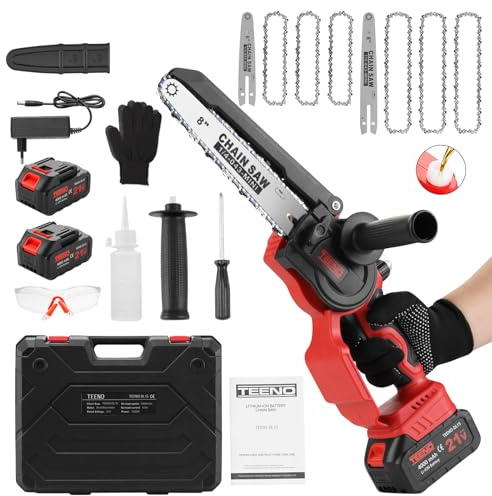 TEENO Motosierra de Batería, Mini Motosierra Eléctrica 6&8 Pulgadas 2-en-1, Kit con 6 Cadenas (3×6+3×8), Motor Sin Escobillas, 2×4000mAh, 5500 RPM, Ligera para Jardín, Podar, Madera