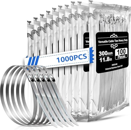 Deecam - Bridas de acero inoxidable, 1000 bridas de metal de 4,6 x 300 mm, bridas de acero inoxidable 304 con tapón de bola de acero, adecuadas para envolver escapes, bridas de encuadernación