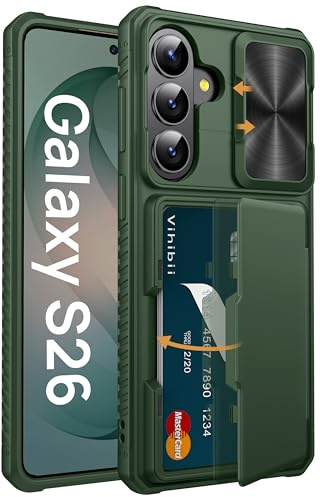 Vihibii for Samsung Galaxy S26 Case Wallet, Card Holder (4 Cards), Green | [RFID Blocking] & Slide Lens Cover, Military Grade Drop Protection, Soft Silicone Phone Case for Samsung Galaxy S 26 6.3