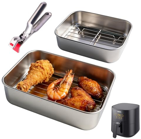 2er-Set Edelstahl Auflaufform für Airfryer mit Abtropfgitter | mit Dichtdeckelmit & Hitze-Schutzgriffen, Heißluftfritteuse Zubehör Kompatibel mit Ninja Cosori Philips