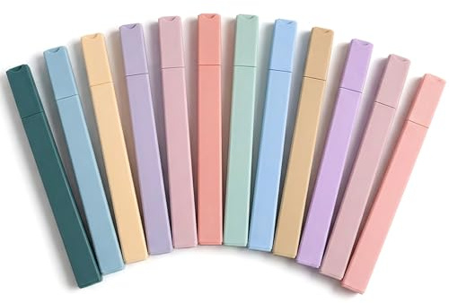 OUSUWO 12 unidades de rotuladores fluorescentes en colores pastel, con punta biselada suave que no mancha, rotuladores fluorescentes para la Biblia con cuerpo cuadrado para tomar notas.