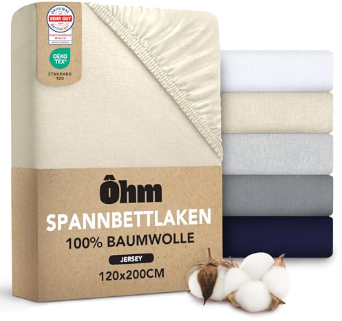 Ôhm Spannbettlaken 120x200 Beige – Jersey Spannbetttuch 100% Baumwolle Elastisch – Weich & Atmungsaktiv – Steghöhe 28 cm für Hohe Matratzen – Oeko-TEX