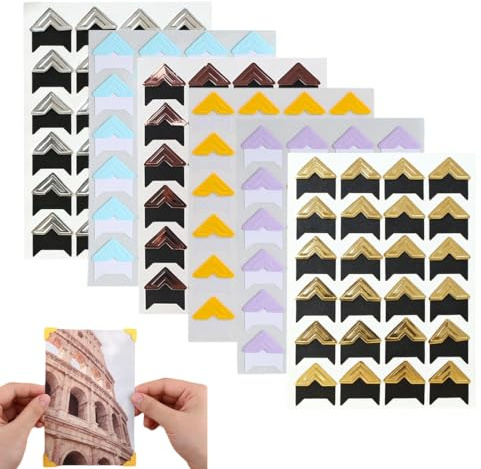 BAUCH 6 Pezzi Angoli per Foto Autoadesivi, Angolini per Album Fotografico e Scrapbooking, Adesivi Decorativi per Montaggio Foto in 6 Colori (Oro, Argento, Oro Rosa, Celeste, Lavanda, Giallo Limone)