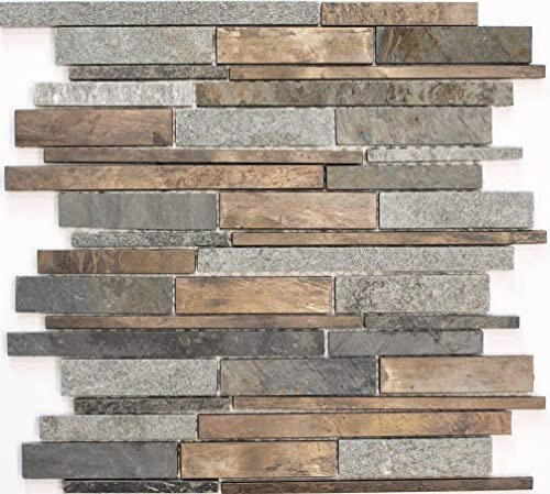Mosaik Fliese Stein Kupfer grau rost kupfer Verbund Stein für WAND BAD WC DUSCHE KÜCHE THEKENVERKLEIDUNG, Mattengröße: 300x310 = 0,09 qm, Steingröße: 8x98/198+15x98+23x98x8-1 Matte