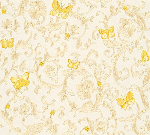 Papier peint Versace Papier Peint Baroque Butterfly Barocco Papier peint intissé 10.05 m x 0.70 m Argent Jaune Crème Made in Germany 343251 34325-1