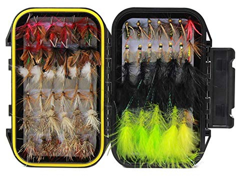 Fliegenfischen Sortiment handgebunden Fliegen Forellen Köder Angel Imitate Kunstköder Saibling mit wasserdichte Box