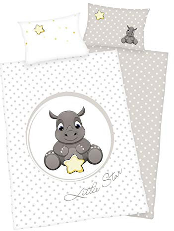 Arle-Living 3 TLG. Baby Bettwäsche Wende Motiv: Nashorn - Flanell 100x135 cm + 40x60 cm + 1 Spannbettlaken in weiß 70x140 cm
