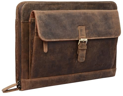 STILORD 'Emilius' Aktenmappe Leder A4 Vintage Konferenzmappe mit Reißverschluss Schreibmappe für 13,3 Zoll Laptop MacBook elegante Konferenzmappe Echtleder, Farbe:mittel - braun