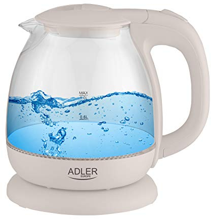 Adler AD1283C Hervidor de Agua Eléctrico de Cristal 1 Litro, Vidrio sin BPA, Retroiluminado, Apagado Automático, Inalámbrico 360º sin Cable, 1100W