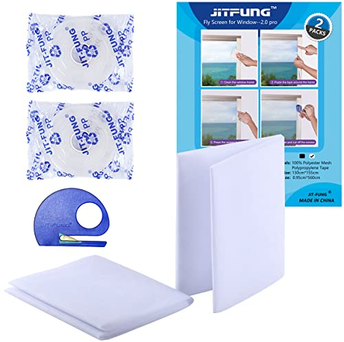 JIT-FUNG Mosquitera para Ventanas, Malla Ajustable 130x155cm Recortable al Tamaño, Protección contra Insectos y Moscas, con Cintas Autoadhesivas y Cuchillo (Blanco, 2 Juegos)