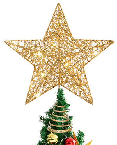 Stobok, Puntale per albero di Natale a forma di stella glitterata, 25 x 30 cm, colore: dorato