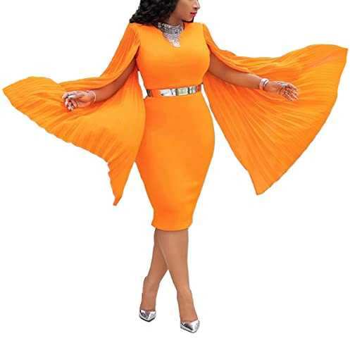 VERWIN Long Sleeve Round Neck Patchwork Plain Women's Bodycon Dress Flare Sleeve Midi Dress (Medium, Orange)