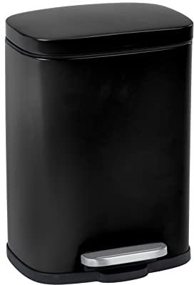 WENKO Leno Easy Close Cosmetic Bin, 5 Litres, Puristic Pedal Bin with Lid and Soft Close and Integrated Bag Holder, Small Painted Steel Bucket, 21.5 x 19 x 29.5 cm, Black