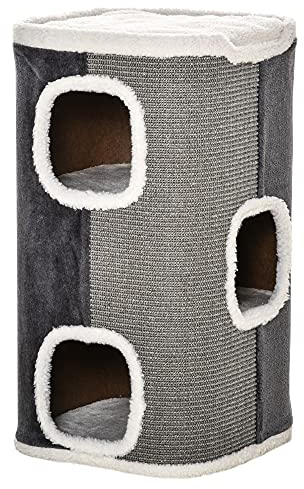 PawHut Kratztonne 74 cm Hoch dreistöckige Katzentonne mit Kissen, Plüschrand, Katzenhöhle, Kratzbaum für kleine Katzen, Grau+Weiß