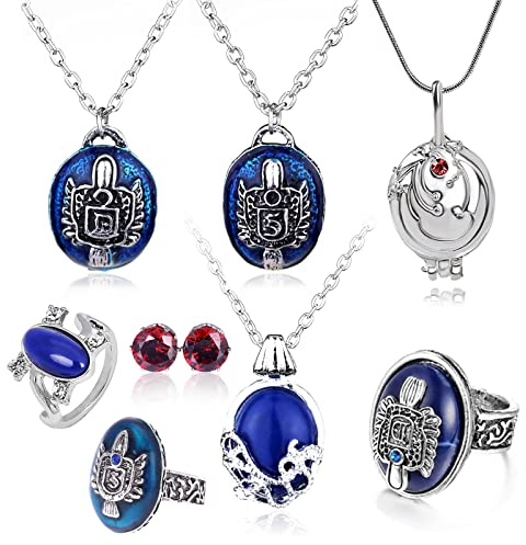 HJYZY 8 Stück Vampire Schmuck Daywalking Katherine Sapphire Elena Eröffnung Eisenkraut Medaillon Halskette Salvatore Damon Stefan Finger Familienwappen Ring Diamant Ohrstecker