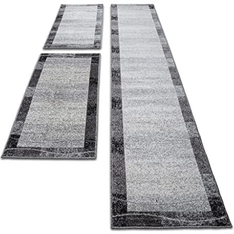 oKu-Tex Bettumrandung Set 3-teilig [67x340 cm | 2 mal 67x140 cm] Hellgrauer Bettvorleger, meliert - weicher Kurzflor pflegeleicht - Teppich Schlafzimmer - Modernes Bordüren Design - Deutsche Marke