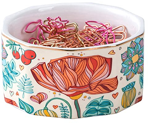 YOSCO Ceramic Paper Clip Holder Paper Clip Dispenser Organizer for Desk Cute Office Binder Clip Holder Bobby Pin and Hair Clip Holder (01-Flower)