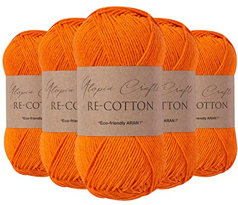 Utopia Crafts Re-Cotton Knitting Yarn, 5x 100g (Pumpkin Orange)
