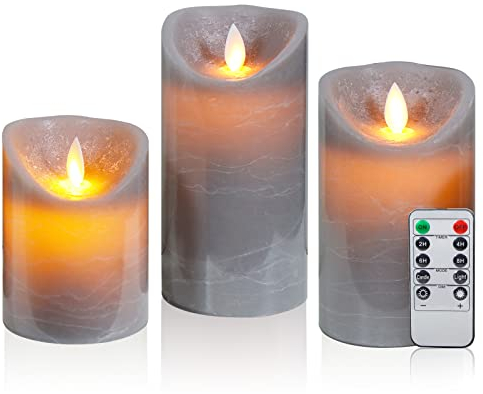 CCLIFE Bougies LED en cire véritable avec télécommande,fonction minuterie,en paraffine,sans flamme et alimentées par batterie,Gris 3 pièces, Pour Décoration de Noël, Fête, Anniversaire, Mariage, Table