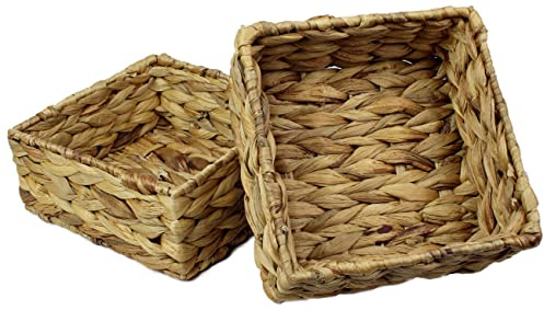 Small Square Water Hyacinth Storage Basket – Natural Wicker Shelf Organiser for Bathroom, Makeup & Jewellery (Medium 18cm, 2 x Basket)