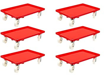 SparSet 6X Transportroller für Euroboxen 60x40cm mit Kunststoffräder rot | Geschlossenes Deck | 4 Lenkrollen | Traglast 300kg | Kistenroller Logistikroller Rollwagen Profi-Fahrgestell
