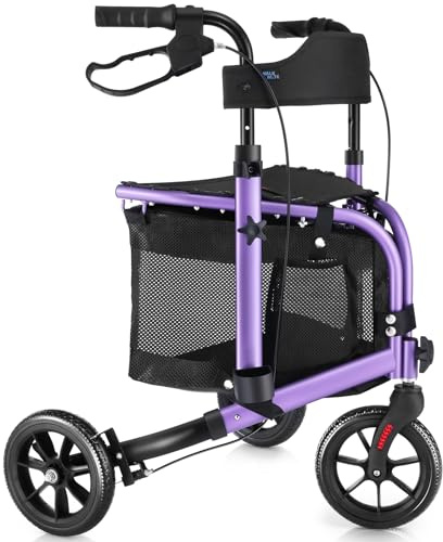 WALK MATE 3 Wheel Rollator Walker with Seat for Slim Seniors, Padded Backrest Lightweight Foldable Travel Walker Ideal for Elderly, 8 Inch Tri-Wheel Modern Mobility Walking Aid Aluminum, Purple