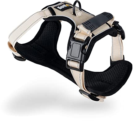 lionto Hundegeschirr gepolstert aus weichem Nylon, Größe S, reflektierendes Anti Zug Geschirr für Hunde mit 2 Ringen & 4 Einstellgurten, Zwei Klickverschlüsse & gummierter Griff am Rücken, beige