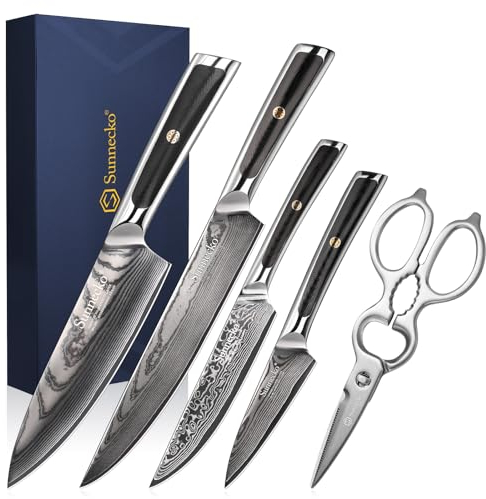 Sunnecko Damastmesser Set 5-teilig - Küchenmesser Set Messer Set - Damast Messer Scheren Kochmesser Profi Messerset Damaszener Stahl Küchenmesser,Geschenk für Köche