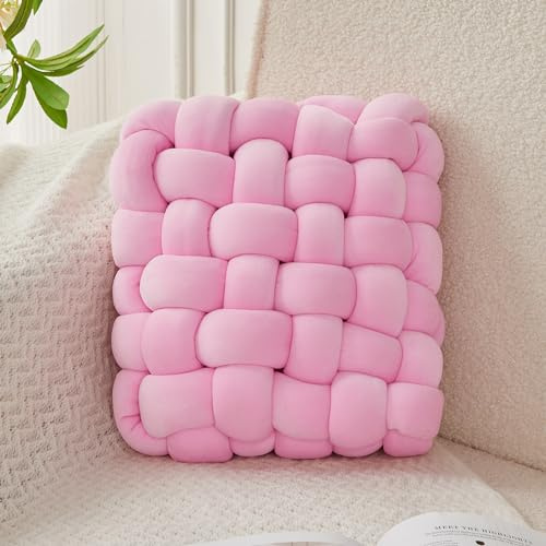 JELLYMONI Pink Square Knot Throw Pillow, Small Size Home Decorative Pillow, Decorative Ins Throw Pillow, Soft Velvet Knotted Decor for Room and Couch (S- 11.8×11.8×3.5, Pink)