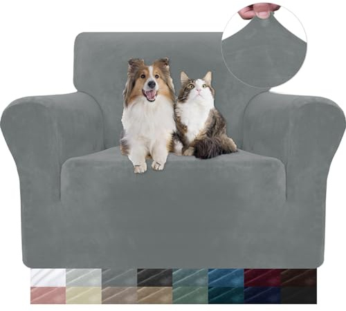 YSTELLAA Samt Sofa Überzug 1 Sitzer, Stretch Sesselhusse Universal, Sofaschoner rutschfest, Sofa Covers Mit Armlehne, Couch Bezug Schutz Katze, Waschbare Couchschoner, Hellgrau