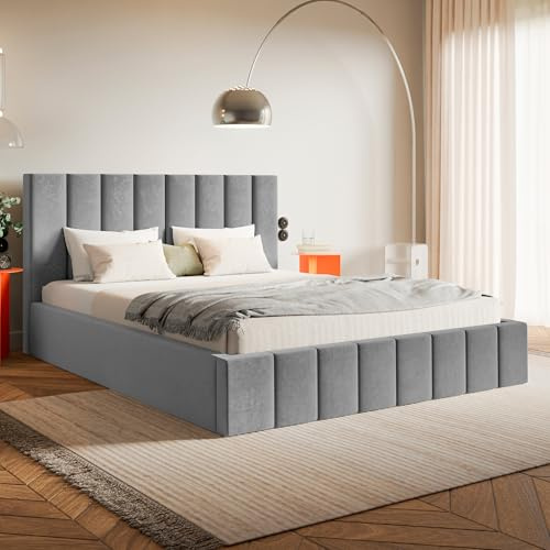 MOTIVENA Ibiza Bett 160x200 Grau Samt, mit Stauraum, mit Kopfteil, mit Lattenrost, ohne Füße, ohne Matratze, Polsterbett 160x200 mit Bettkasten Grau (Hellgrau)