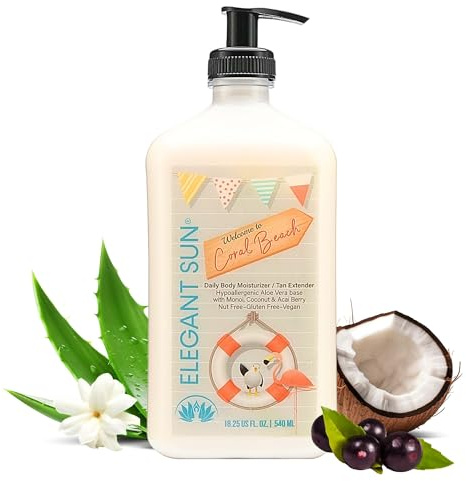 Elegant Sun Coral Beach Daily Moisturizer, Tan Extender Lotion, for After Sun or Tanning Bed, Aloe Vera base, Hypoallergenic, Sensitive Skin, Great for Men and Women, Unisex Fresh Scent