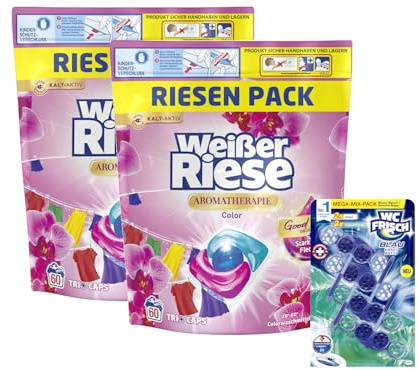 Weißer Riese Color Trio-Caps A-Th. Orchidee & Macadamiaöl (1x 120 WL), Color Waschmittel mit Good Mood-Duft & WC FRISCH Kraft Aktiv Blauspüler Mix Chlor + Ozeanfrische, 1x 200g