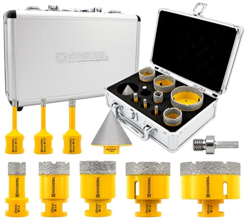 HIGHDRIL Fliesenbohrer Diamantbohrer Set 10 tlg - 6/6/8/20/35/40/50/68mm Lochsägen+50mm Fasenbohrer+Adapter für Porzellan Keramik Fliesen Granit Marmor