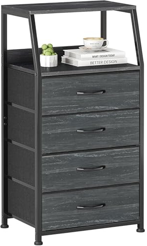 Nachttisch, Kommode mit 4 Schubladen, Klein Bücherregal, Beistelltisch, Schwarz Nachtschrank, Aufbewahrungsschranke mit Holz Regal, Stoff Nachttische für Schlafzimmer Wohnzimmer Flur möbel, Dunkelblau
