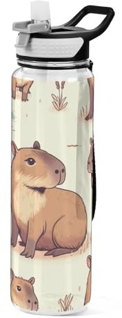 Capybara Friends - Borraccia con cannuccia, 1 litro, in Tritan, senza BPA, trasparente, per adulti, per attività all'aperto, scuola, palestra, viaggi