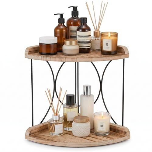 Goaste 2-Tier Bathroom Counter Organizer, Wood Vanity Corner Shelf, Skincare Storage Standing Tray, Kitchen Countertop Spice Rack, Makeup Perfume Holder for Bathroom Organization, Dresser, Kitchen