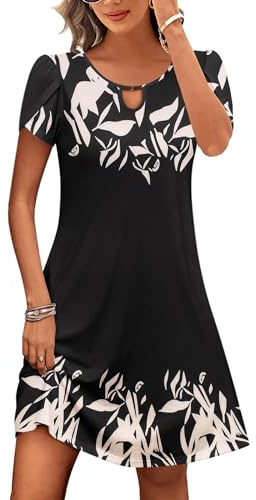 Zeagoo Abito casual da donna, svasato con tasche, estivo, da spiaggia, floreale, a maniche corte, S-XXL, L