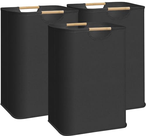 STORAGE MANIAC 3-Pack Large Laundry Hamper, 80L (21.1 Gal) Collapsible Laundry Basket with Bamboo Handles, Freestanding Waterproof Clothes Hamper for Laundry Room, Bedroom, Dorm, Towels, Toys, Black