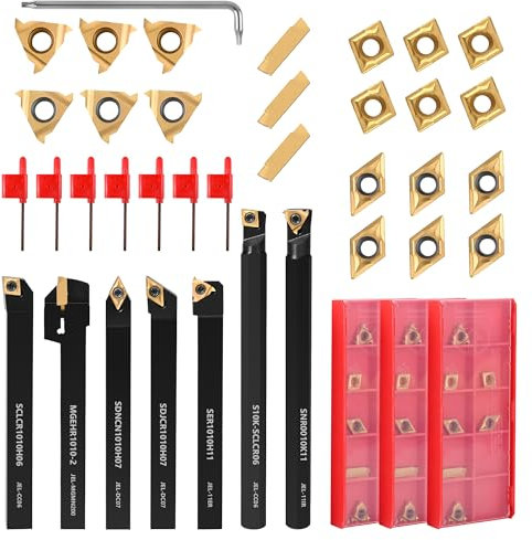 VerRich 28Pcs Kit Indexable Lathe Turning Tools,3/810mm Shank Boring Bar Metal Turning Tool Holder With 21pcs Carbide Inserts for Boring Cutting Grooving Turning Threading