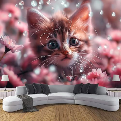 Fototapeten Blumen Katzen 3D Design Tapete, Träume Fototapeten Seidenstoff Tapeten Moderne Wandtapete, Tv Tapeten Wohnzimmer Wandtapete Poster Bilder, 352X250Cm (B×H)