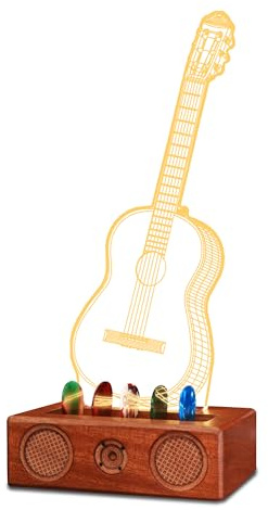 CoolGift Mart Light Up Guitar Pick Holder, Acrylic Acoustic Guitar Pick Holder with Vintage Audio Modeling Wooden Base for Picks Storage and Display, Gift for Guitar Players Guitarists