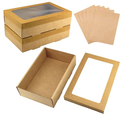 Gad2go 6 Stück Kraft-Bäckerei-Boxen mit Fenster, 30 x 20 x 8 cm, große Keksbox, leere Geschenkverpackungsboxen für Cupcakes, Süßigkeiten, Desserts, Muffins, Gebäck, Kekse