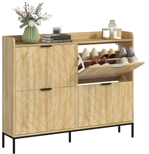 HOMCOM Zapatero Estrecho con 4 Puertas para 16 Pares 110x23,5x95,5 cm Roble | Zapatero Entrada Recibidor, Estantes Ajustables